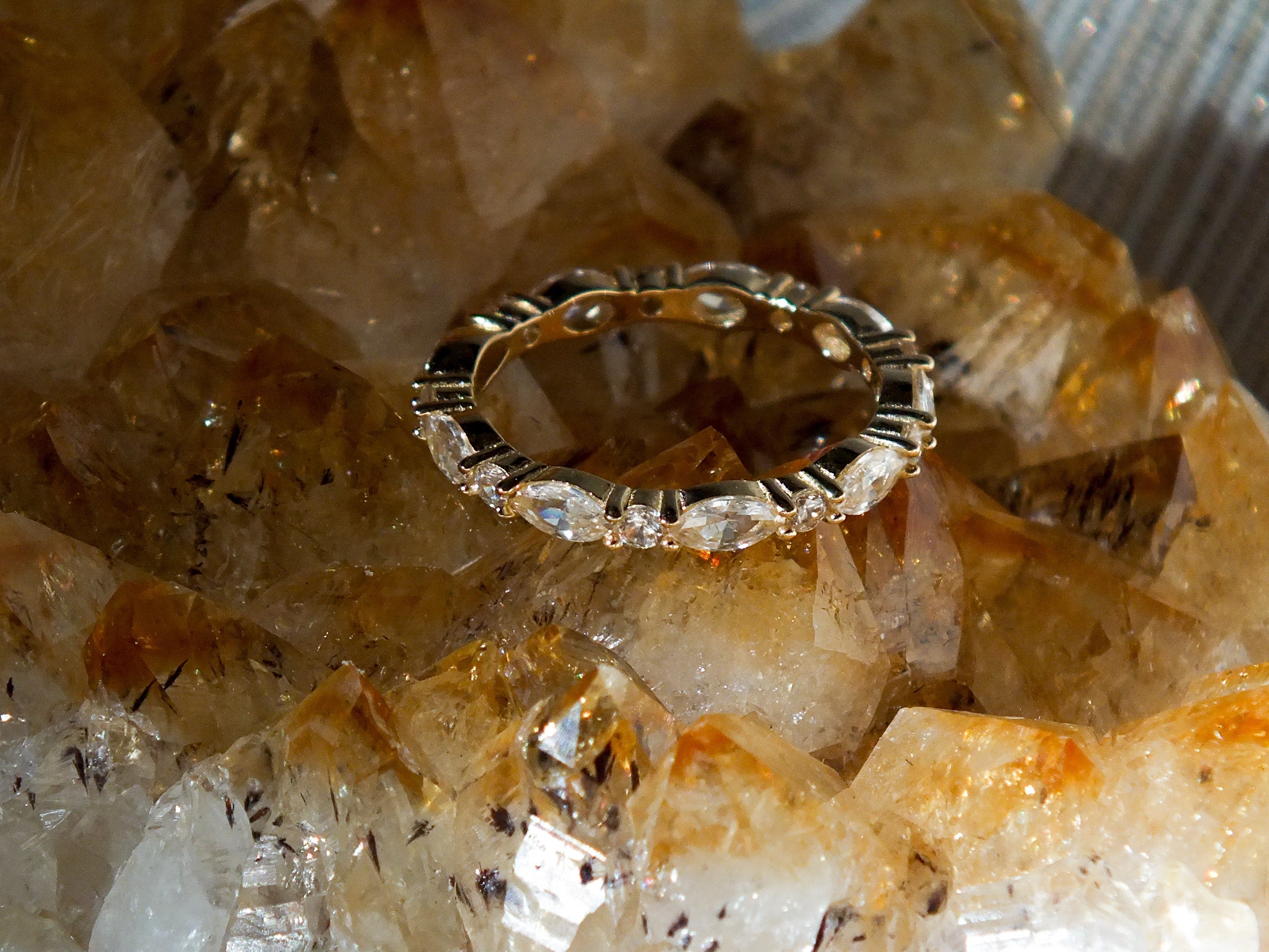 Yellow Gold Marquise Ring on Raw Citrine Crystal Geode